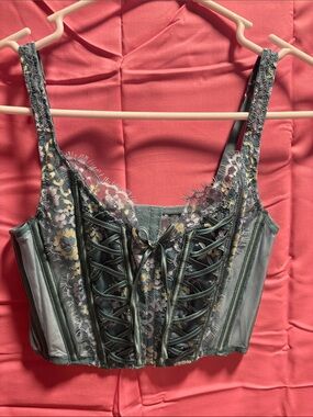 Victoria's Secret Lace-Up Floral Corset Bralette in Teal and Pink